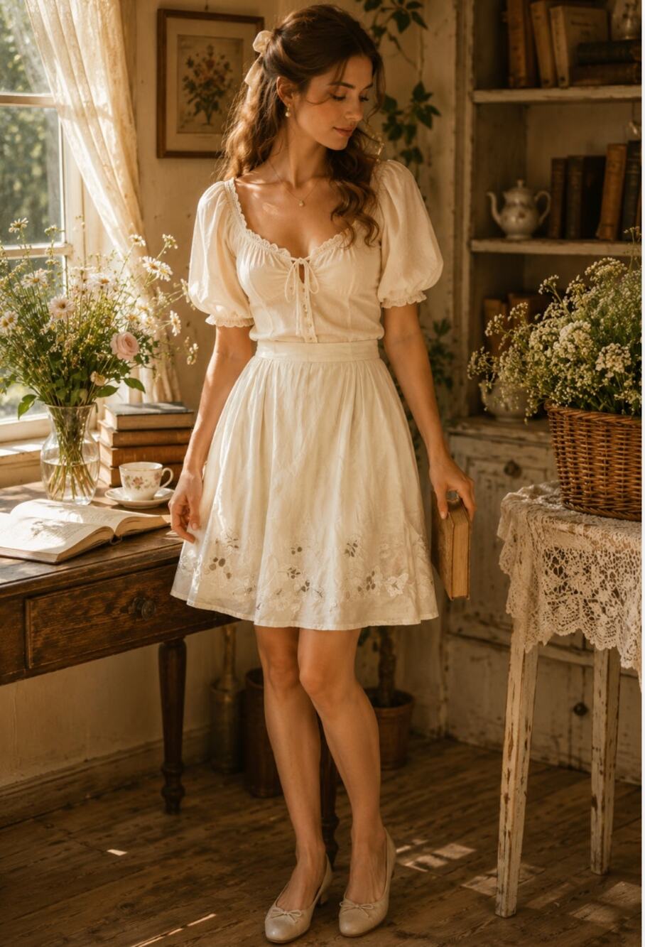 Outfit JPR Cream Floral Embroidered Midi Skirt Ethereal Cottagecore Whimsy 6